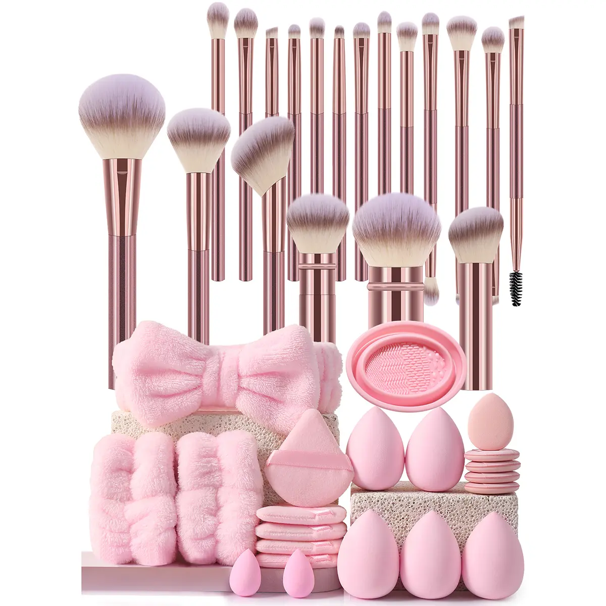 Aesthetic 40pcs Pink makeup brushes set for Girls - Rose Gold Soft Synthetic Face & Eye Brushes, Fluffy Bow Headband, Wrist Bands, Multi-Size Beauty Sponges, Triangle Puffs, Silicone Brush Cleaner Bowl - Complete Beginner Beauty Bundle Gift, Powder, Daily