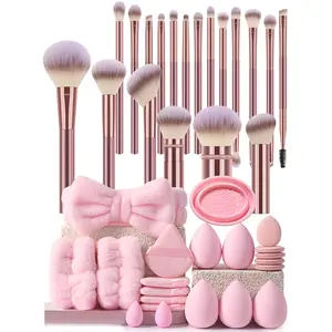 40Pcs Pastel Pink All In One Makeup Tool Set,19Pcs Soft Synthetic Makeup Brushes,Multi Size Beauty Sponges,Finger Puffs,Silicone Cleaner Bowl,Bow Fleece Headband & Hair Wrist Bands Complete Beginner Cosmetic Kit