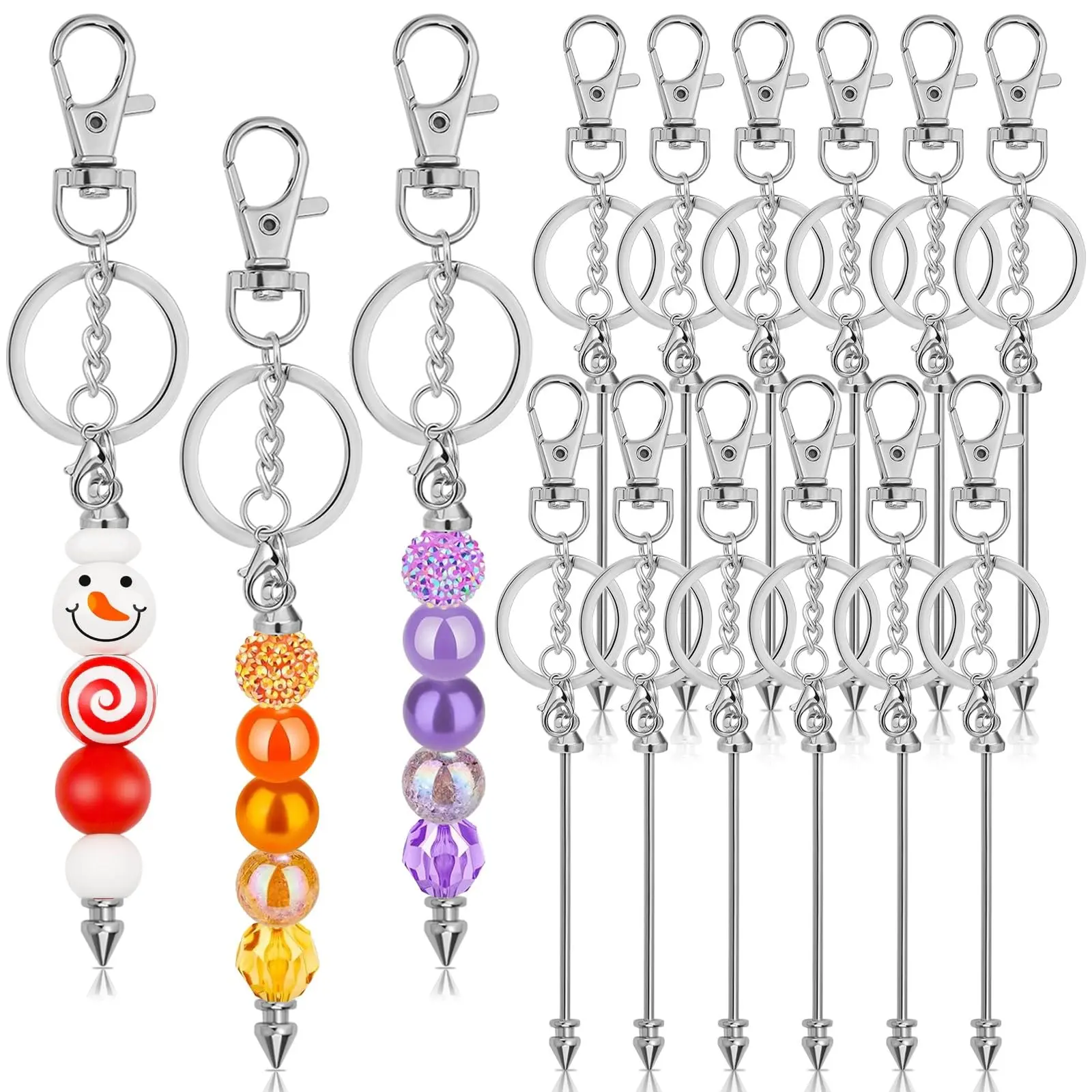 12PCS Beadable Keychain Bar, Silver Bead Keychain Beaded Item for Pendant DIY, Alloy Blank Key Chain Accessories Bulk for Beadable Gift Jewelry Making Supplies