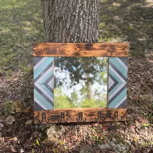 Western Style Wooden Coat Rack with Mirror - Wood Patterned Design - Includes Hooks for Coats & Accessories