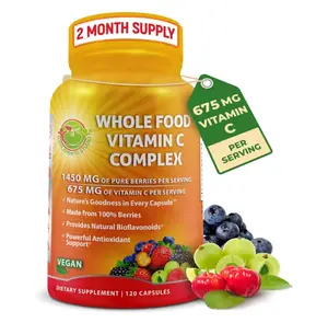 Whole Food Vitamin C Complex - 1450mg Organic Berries - 675 mg Vitamin C per Serving, High-Potency Antioxidant & Immune Support with Acerola, Amla and Natural Bioflavonoids - Vegan, Non-GMO, 120 Count