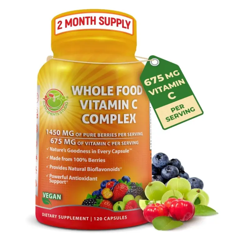Whole Food Vitamin C Complex - 1450mg Organic Berries - 675 mg Vitamin C per Serving, High-Potency Antioxidant & Immune Support with Acerola, Amla and Natural Bioflavonoids - Vegan, Non-GMO, 120 Count