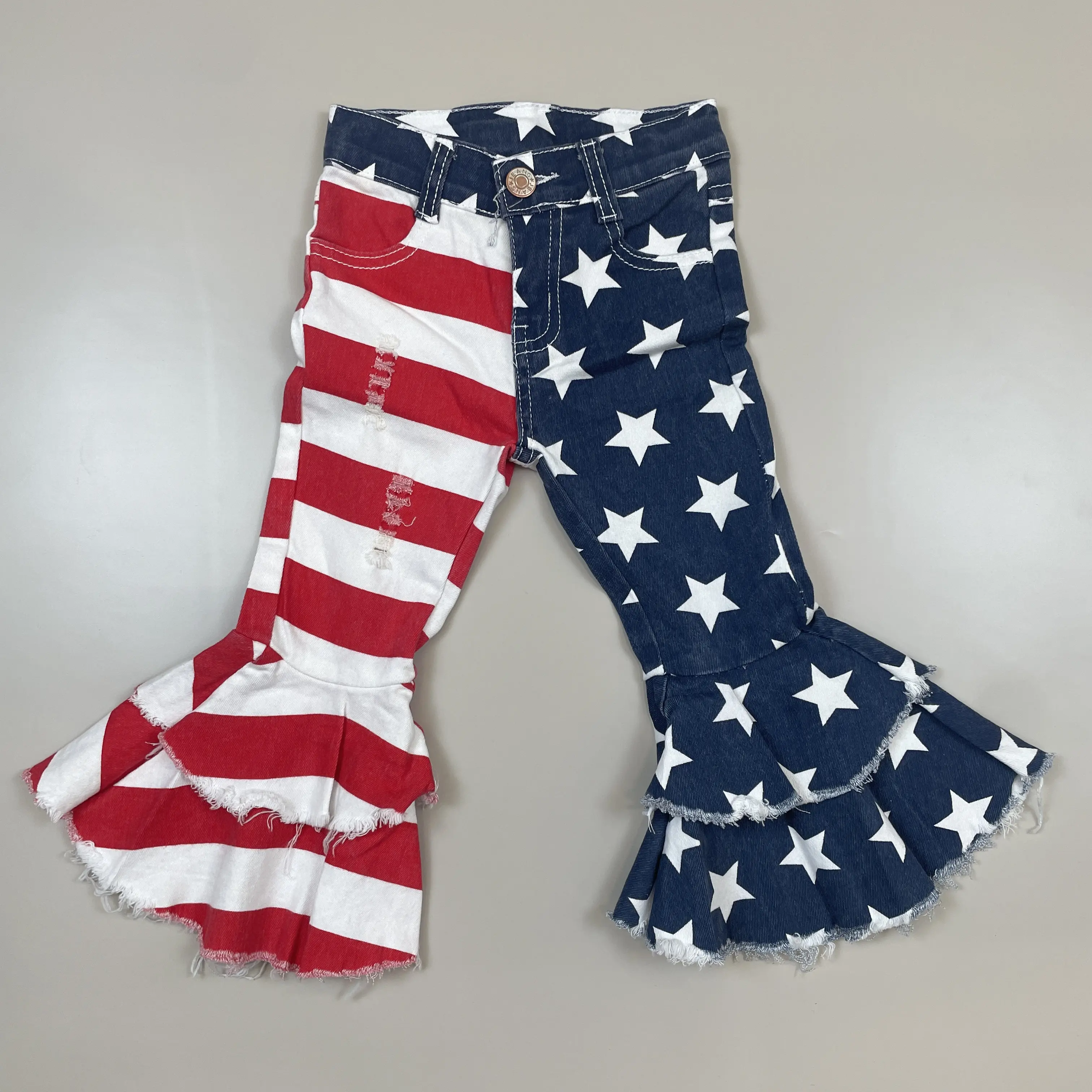 Kid Size Girls' Jeans, Toddler Patriotic Star Flag Bell Bottom Denim Pants with Sequin Details for 4th of July
