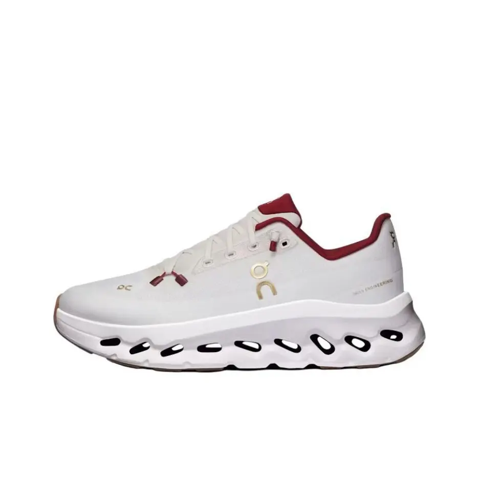 Unisex Off White Hollow Platform Walking Footwear Knitted Breathable Mesh Upper Burgundy Trim Gold Tone Graphic Accent Soft Porous White EVA Foam Sole Festive Daily Urban Commute Fashion Sneakers