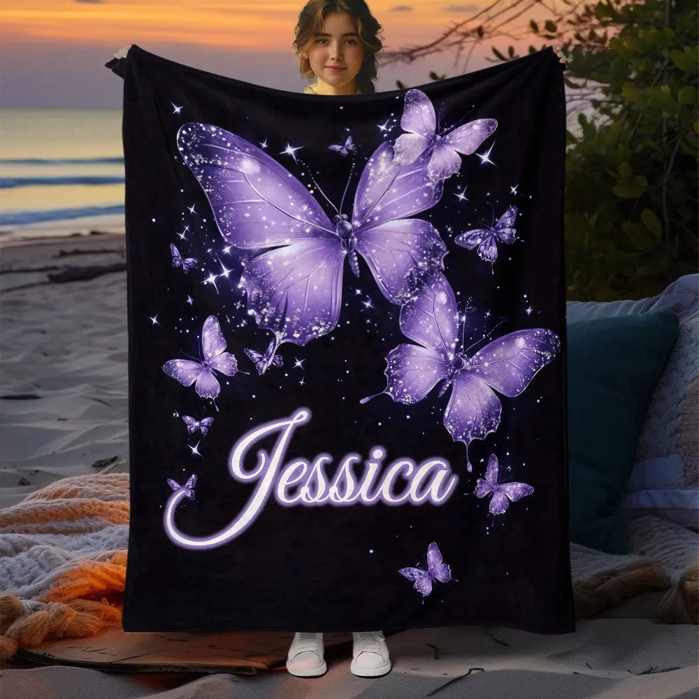 Custom Name Purple Butterfly Wool Custom Image Blanket - Personalized, Lightweight Flannel, Warm Digital Print Polyester, Portable, Feather-Free, Electric-Free, Suitable for Sofa, Travel (1 Piece)