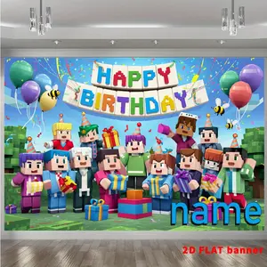2D Flat, 2D Flat Banner Custom Name Birthday Party Backdrop, One Pixel Adventure Polyester Happy Anniversary Horizontal - Universal Seasonal Decorations for Parties and Events Lightweight Wall Hanging Suitable for Home & Room Durable Wash, Event Backdrop,