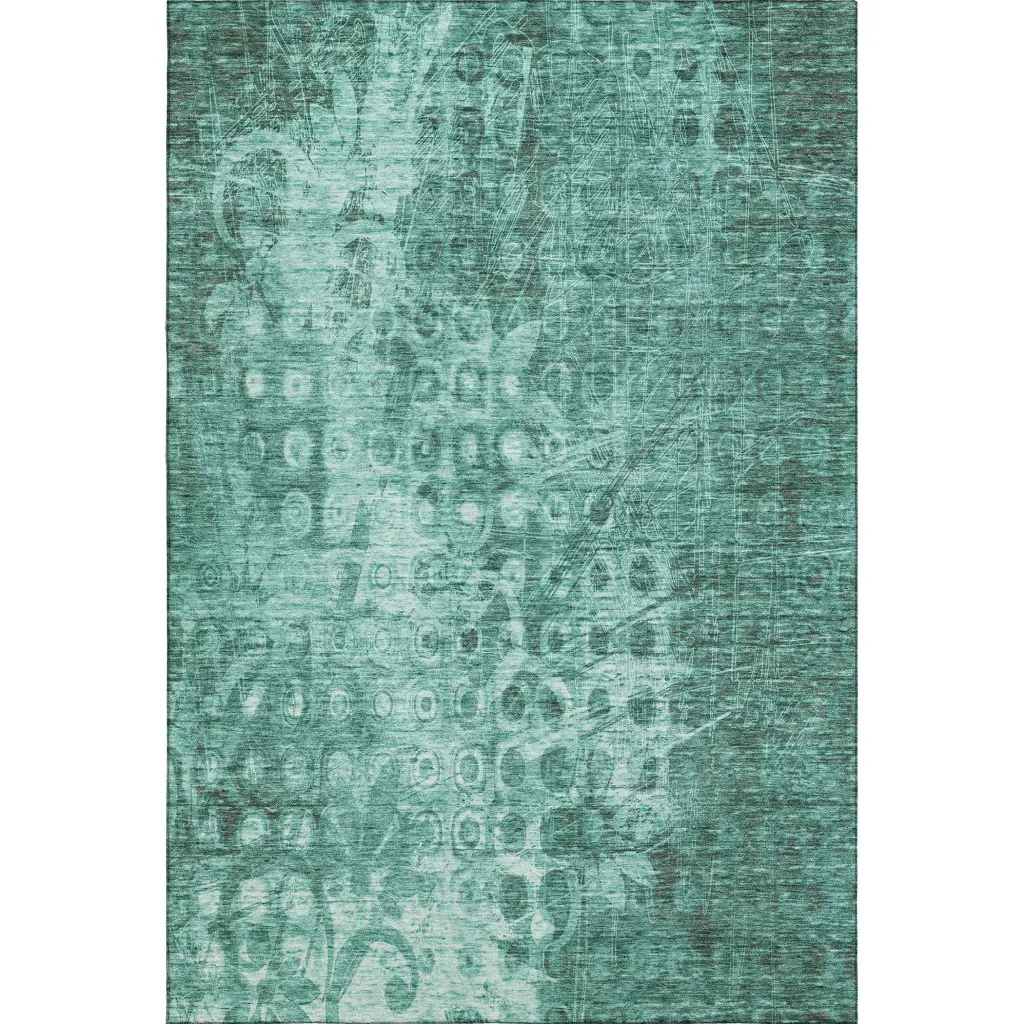 212 MAIN Teal & Ivory Ikat Transitional Flat Pile Area Rug, 3x5 ft. Machine-Made Polyester Fiber Rectangle, Washable, UV-Protected