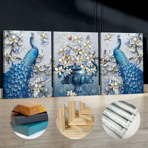 3Pcs Wooden Framed Canvas Painting, Blue Peacock With Flowers Painting, Exquisite Poster, Home Decoration, Pattern Wall Art Decor, For Living Room, Bedroom, Office, Restaurant, Bar Wall Decor, Odorless, Painting, Print Artwork.