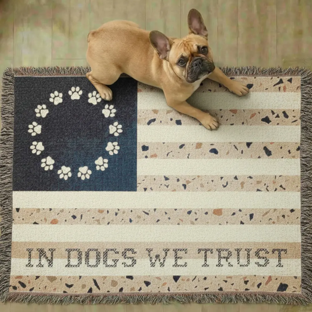 In Dogs We Trust Woven Throw Blanket - Boho Cotton Tapestry, Patriotic Dog Flag Wall Art, Patriotic Wall Decor