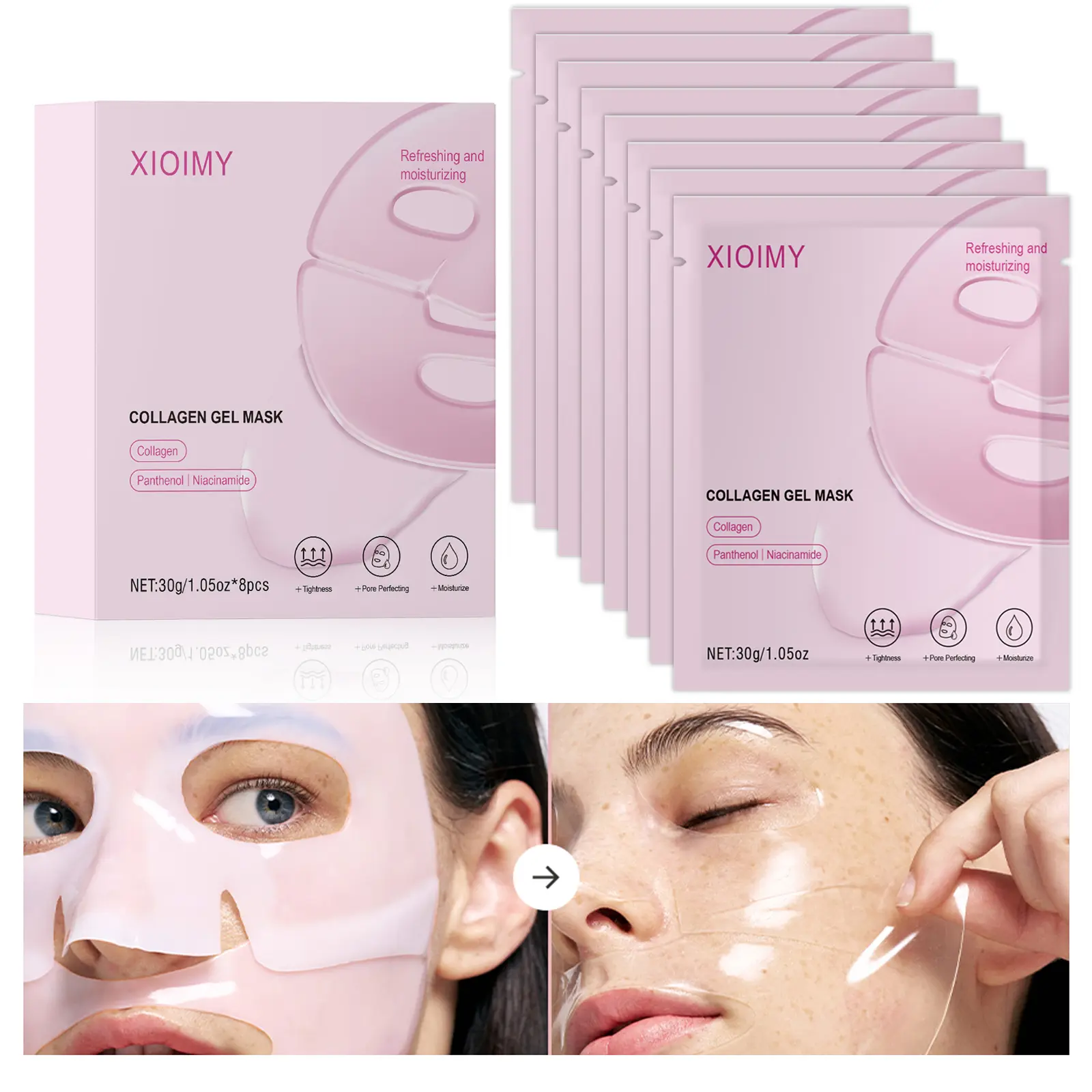 8pcs Collagen & Niacinamide Hydrating Masks, Tightening, Brightening, Moisturizing, Improves Skin Tone, Long-Lasting Care, Collagen Hydrogel Mask, Beauty Products
