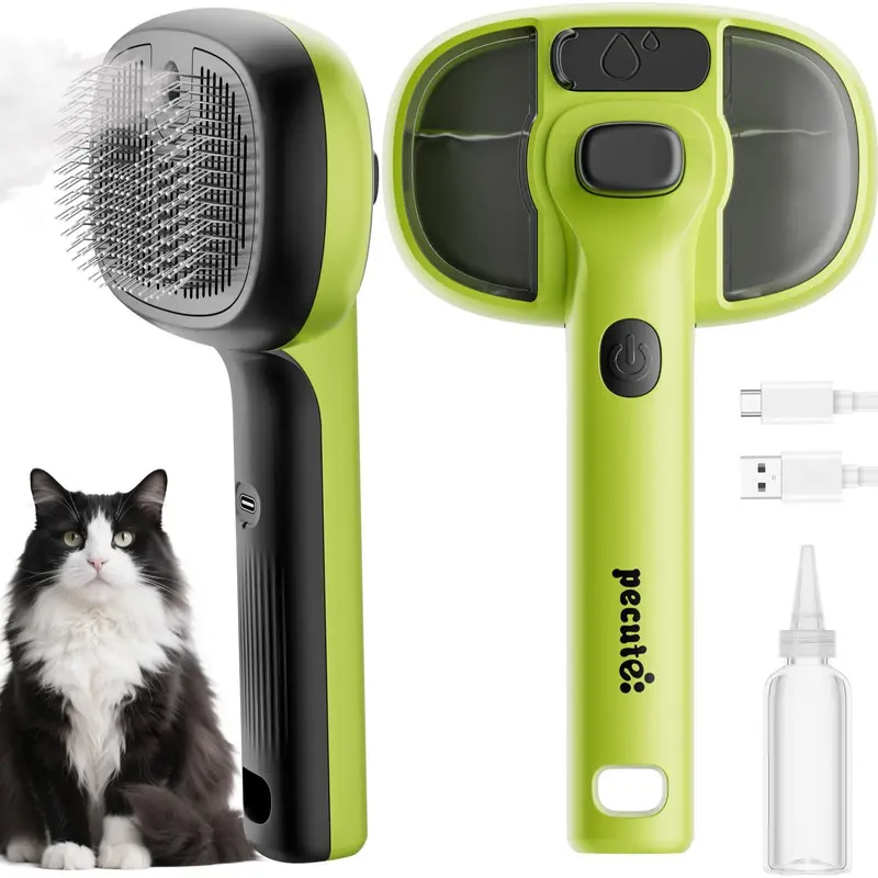 Pecute 3-in-1 Spray Pet Grooming Brush - 1-Button Self-Cleaning Cool Mist Deshedding Comb for Heavy Shedding Long Hair Dogs/Cats, 7.4*4.4*2.4 Inch Electric Massage Brush, Quick Fur Removal Tangled Undercoat Remover, Grooming Accessories