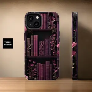 iPhone case MagSafe Comp.  Dark Academia Books bookshelf magnetic pink whimsical  tough case 13 14 15 16 Pro Max Plus Mini | Glossy or Matte