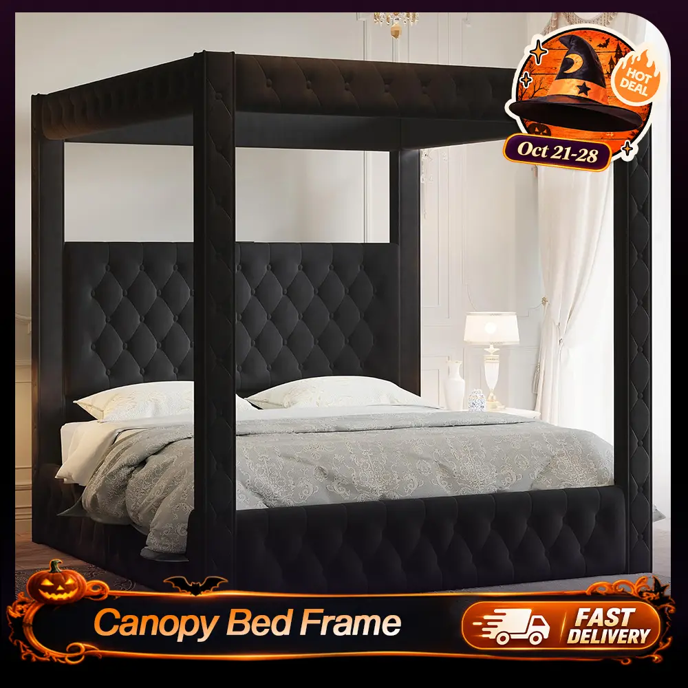【King Size Shipped in 2 Boxes】AMERLIFE Upholstered Canopy Bed Frame King Size with 74.8" Tall Four Poster and Velvet Deep-Tufted Tall Headboard with Charging Station/Modern Luxury Style/No Box Spring Needed/Black #SohoChic