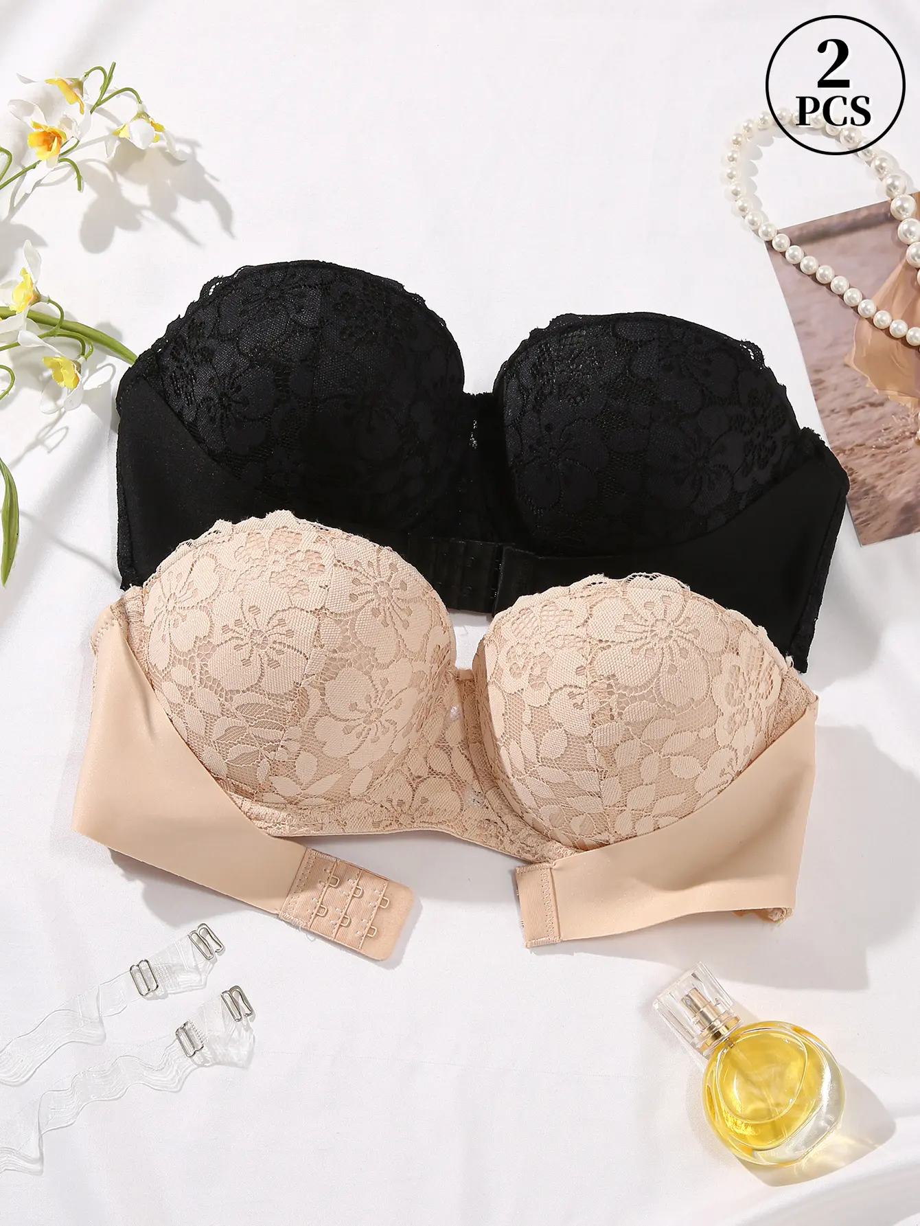 MIMILEMON Women's 2PCS Elegant Minimalist Lady's Floral Lace Strapless Push-Up Underwire Bra Set - Front Closure Enhanced Lift, Back Closure Fit, Breathable, Ideal for Summer Backless Outfits, Birthday, Christmas