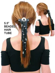 JAMIN LEATHER® 5.5" Short Silver Beaded Hair Tube #AHW65FBS with 3" Barrette & Cowhide Leather for Riding Protection