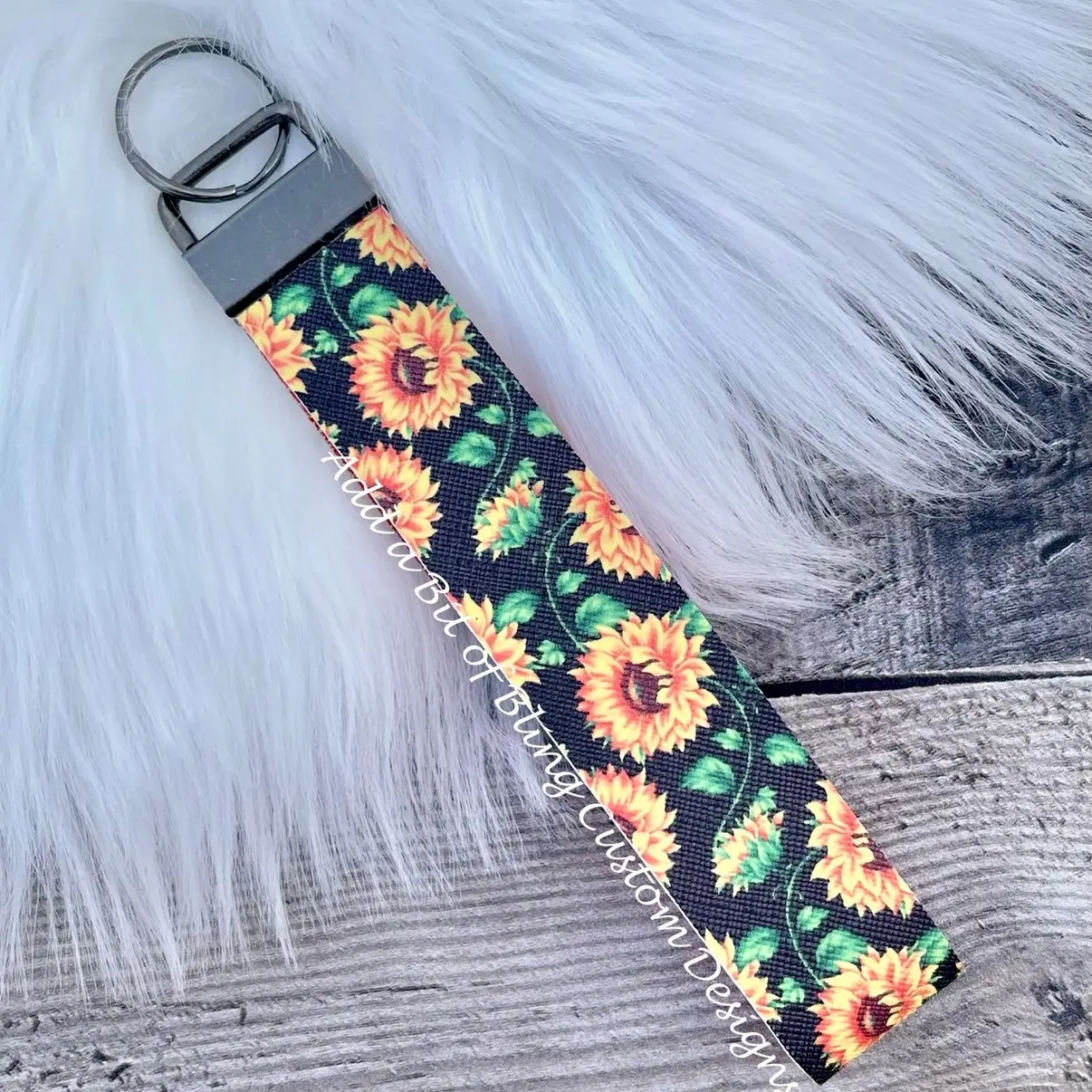 Sunflower glittered wristlet/keychain