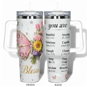 1pc Stainless Steel Cup Tumbler 40oz/30oz/22oz/20oz/14oz Water Bottle,Funny Design With Blessed Butterfly and Floral Double-layer insulation Leakproof Large Capacity, Needed for Gym, Hiking, Travel Ideal Birthday Christ Stainless Steel Insulated