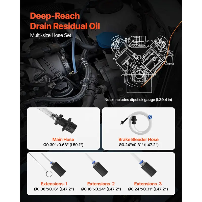 VEVOR 9.5L Manual/Pneumatic Vacuum Oil Extractor Pump, 59in Long Horse Brake-Fluid Hose, 3x47in Ext Tubes, Durable PE Tank, Airtight No-Drip Seal for Oil Change, Cars, Lawn Equipment