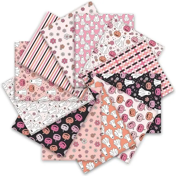 12Pcs Halloween Cotton Fabric Bundles Pumpkin Ghost Flower Fabric Squares 10 x 10 Inch Small Pink Black Sewing Fabrics for Halloween DIY Craft Party Decor