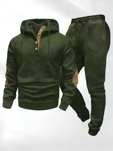 Men's two-piece herringbone sports set, casual henley button hoodie with contrasting elbow patches, drawstring sweatpants, suitable for everyday sporty streetwear