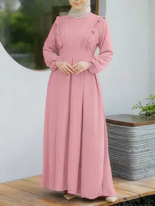 Elegant Women's Solid Color Dress, Round Neck Long Sleeve Wooden Trim, Back Waist Tie Design, Casual Daily Wear, All Seasons