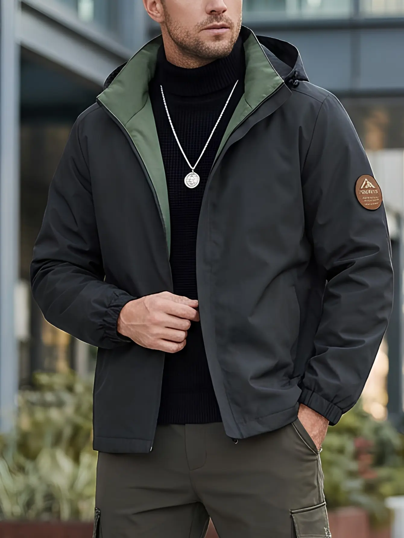 Men's hooded jacket with badge decoration, color-block lining trench coat
