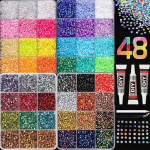 48-Color Nail Art Rhinestones Set with Glue Tool, Sparkling Ab Flat Back Gems,nail charms DIY Craft Decor, Mother's Day Gift, 3mm Resin Crystals
