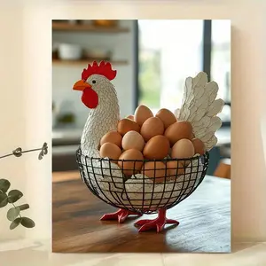 Charming Rooster and Egg Basket Canvas Wall Art with Wooden Frame - Rustic Farmhouse Decoration for Kitchen, Living Room, or Office - Perfect Easter, Mother's Day, or Birthday Gift, Kitchen Wall Art |   Rus