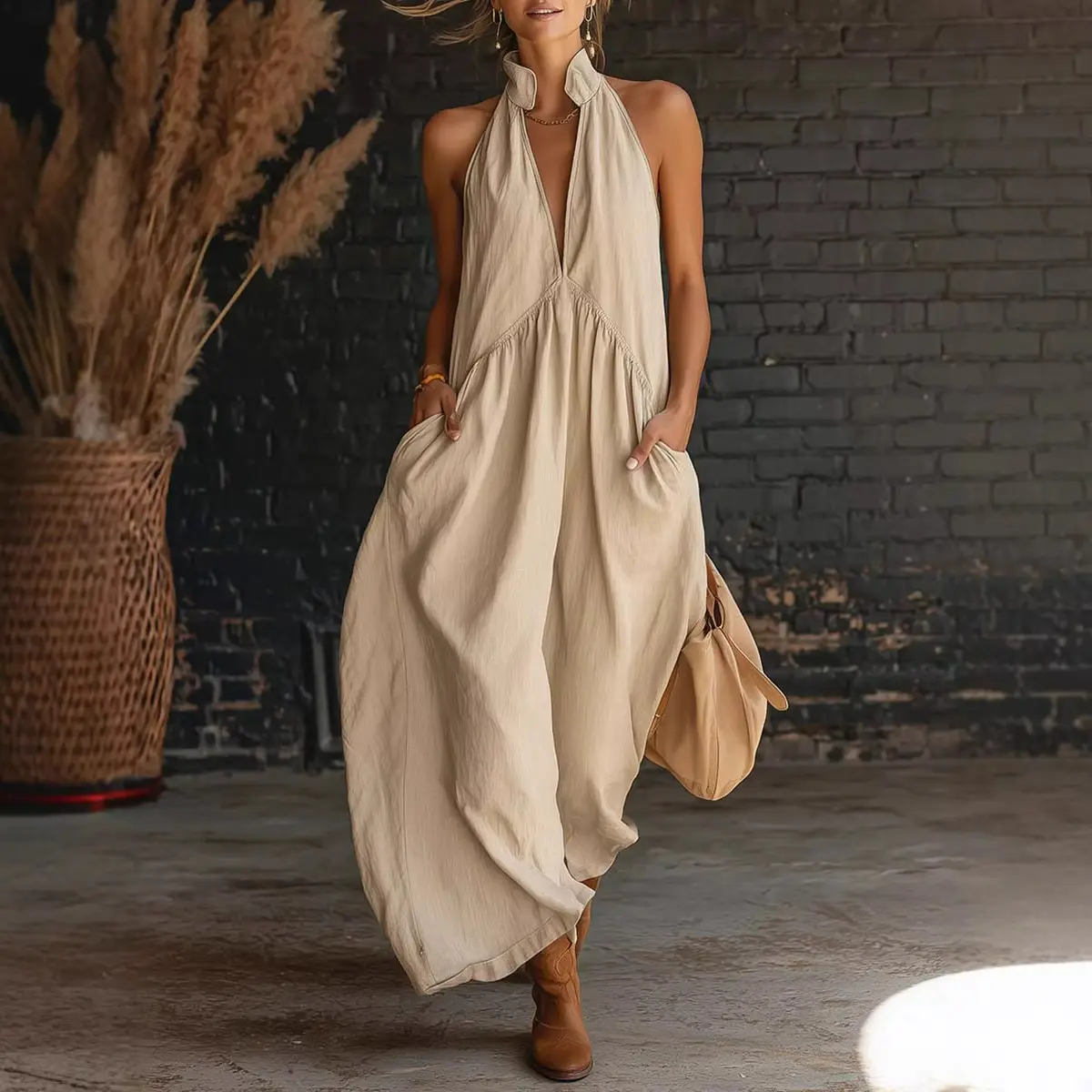 2026 Minimalist Halter Neck Maxi Dress | Casual Loose Fit Pocket Dress |  Effortless Summer Outfit for Women # MaxiDress # HalterNeckDress #  BohoFashion # SummerDress # CasualDress # WithPockets # DressesForWomen #  Outfit of the Day - TikTok Shop
