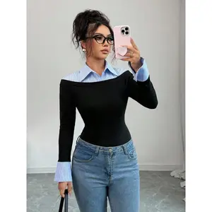 Women's Fashion Blue Striped Collar Split Design Long Sleeve Top, Elegant Commuter Style Casual Wear, Comfortable Fit