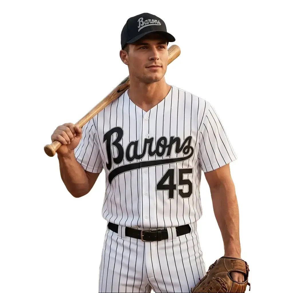 Barons 45 Baseball Jersey, White Black Pinstripe Button Up Shirt, 90s Retro Unisex Sportswear for Men and Women