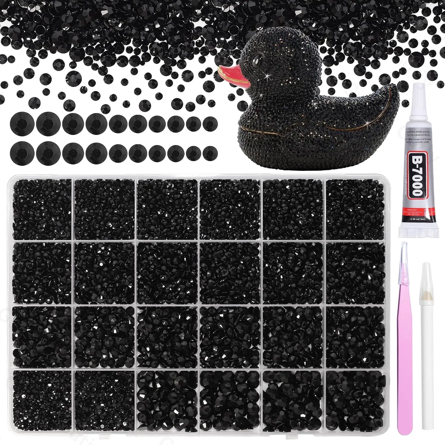 21000Pcs Black Flatback Rhinestones Kit, Large Multi-Size Set of Resin Gems for DIY Crafts, Nail Art & Makeup, Includes Glue, Tweezers & Organizing Box, Large Set