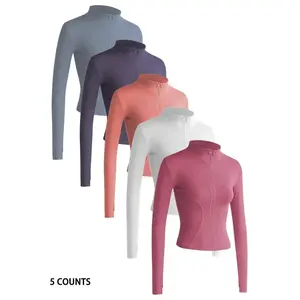 5-Pack Women's Thumb Hole Zipper Sports Jacket, Sports Style Solid Color Long Sleeve Sports Top, Women's Sportswear Suitable for Tennis, Pickleball Indoor and Outdoor Wear
