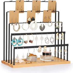 5-Tier Metal Frame Earring Holder Organizer Earring Display Stands for Selling Long Necklace, Bracelet, Rings and Watch Jewelry Organizer Jewelry Display for Vendors Natural wood
