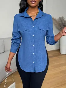 A women's blue Collared lapel shirt with fake pockets, decorative buttons, and long sleeves; stylish and versatile, suitable for spring and summer, ideal for daily casual wear ad commuting. Blouse