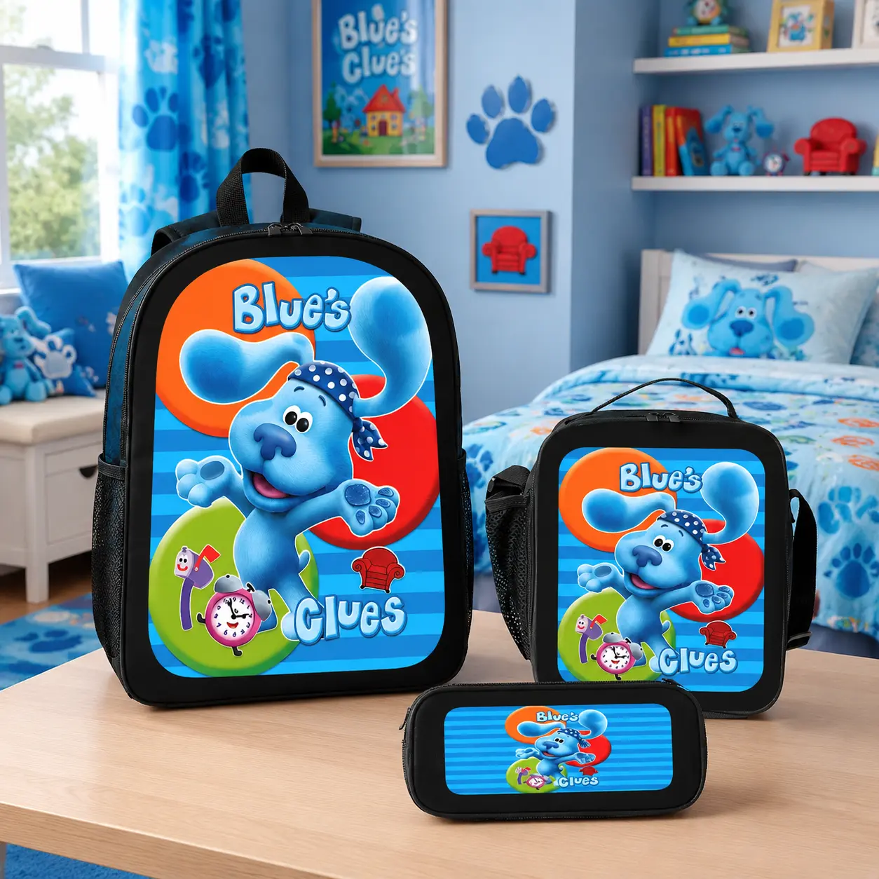 Blues Clues Backpack Set 3PCS Polyester Backpack Lunch Bag Pencil Case Cartoon Bookbag Lightweight Travel Daypack School Bag for Boys Girls Preschool Students Back To School Gift Cute Fashion Accessories TikTok Viral Backpack Bundle