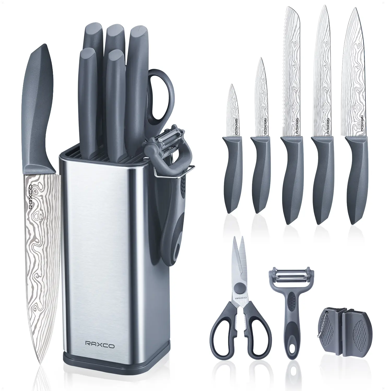 RAXCO 10-Piece Knives Kitchen Set with Block, German Craftsmanship, High-Carbon Stainless Steel Blades, Ergonomic Non-Slip Handles, Damascus Etch, 3.5" Paring Detail Knife, Sharpener, All-Purpose for Home Cooking