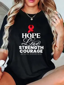 100% Cotton Unisex Hope Love Strength Red Ribbon AIDS/HIV Awareness Month Gift T-Shirt -Short Sleeve T-Shirt Women's Men's Graphic Tee Causal Tops
