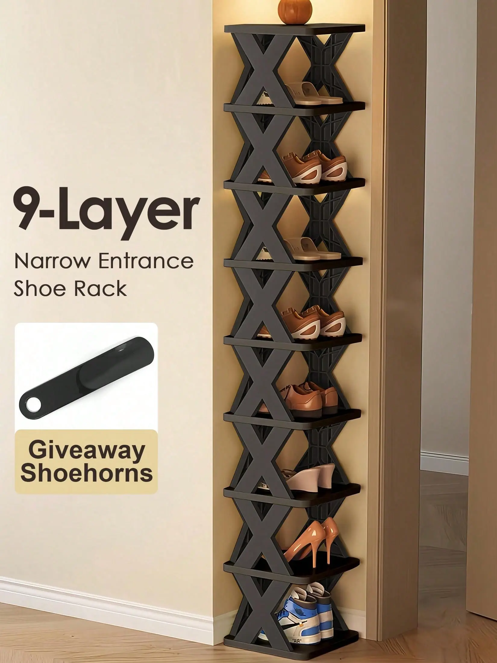 Minimalist Plastic Narrow Entrance Vertical Shoe Rack - Footwear Storage Solution with X-Shaped Frame, Stackable Bins, Snap-Together Easy Installation, Space-Saving Indoor Shelving for Shoes, Clothes