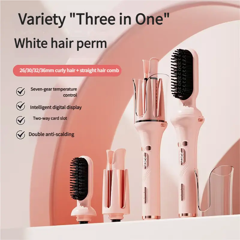 3 in 1 Automatic Curling Iron with 3 Curling Barrels 1" - 1.25" - 1.5" Rotating Iron 3 Temp Settings 10S Fast Heating Anti-Scald Dual Voltage Pink Hair Styling Tool Handle Gift