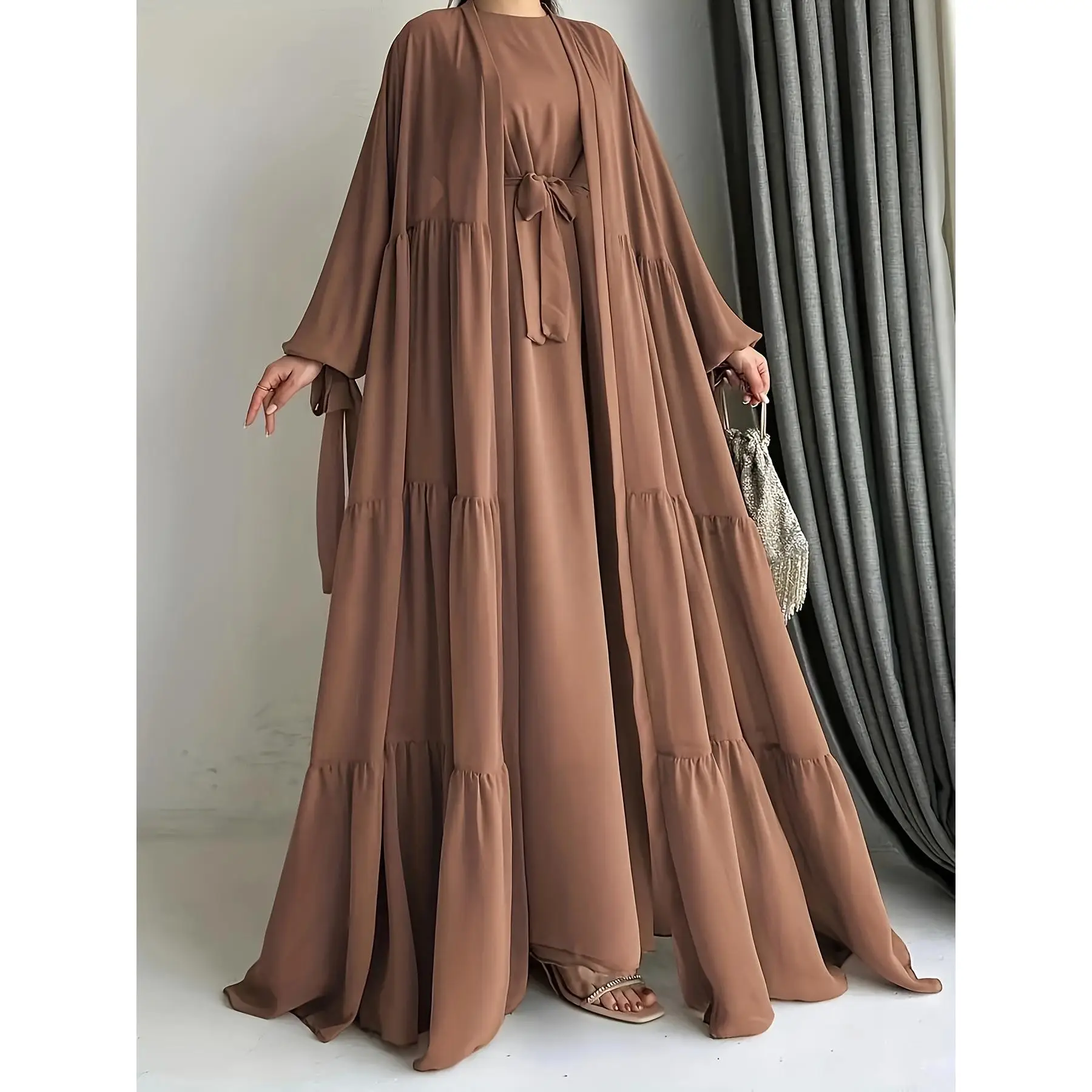 [1pc Elegant Abaya with Vest] 1pc Elegant Middle Eastern Abaya with Vest and Belt Set - Chiffon Long Sleeve H-Line Robe with Side Split, Regular Lengt