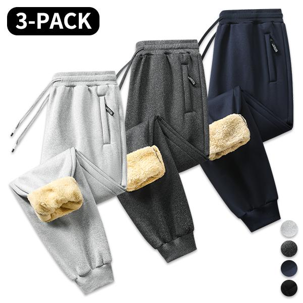 Men’s 3-pack fleece-lined joggers, winter warm fleece running pants, casual long pants with zippered pockets and rolled cuffs