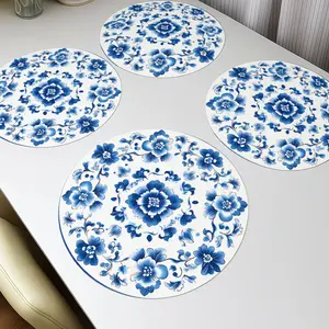 4pcs floral patterned circle in Delftware style 15-Inch Round Polyester Placemats ， pattern,  Perfect for Kitchen Parties and  Dining Decor, Kitchen Table Mats Vibrant Table Setting  Durable Tableware, Table Decor