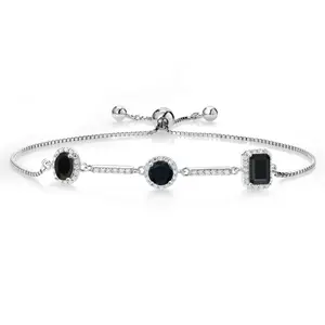 Gem Stone King 925 Sterling Silver Black Onyx Tennis Bracelet For Women (1.44 Cttw, Gemstone Birthstone, Oval 6X4MM, Round 5MM and Emerald Cut 6X4MM, Fully Adjustable Up to 9 Inch)