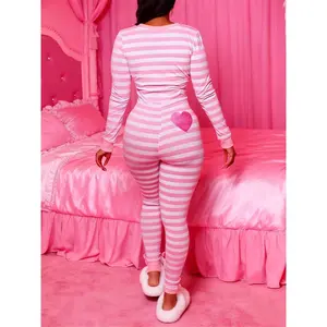 Women Lounge Jumpsuits Long Sleeve Botton Down Stripe Bodycon Pajamas Romper