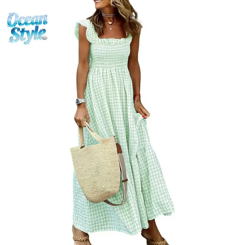 Women's Contemporary Retro Checkered Smocked Spaghetti Strap Flounce Mid-Length Loose-Fitting Flow Casual Dress with Pockets - Cute Elegant Multipurpose Wear for Spring, Evening Occasions (Loose-Fitting, Dresses), Loose