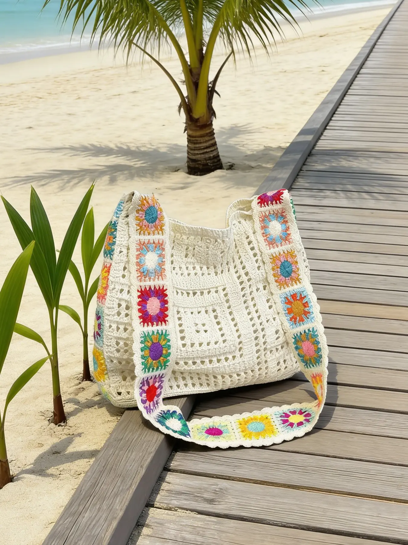 Handmade Crochet Granny Square Tote Bag, Colorful Patchwork Knit Shoulder Bag, Large Capacity Hollow Out Beach Bag for Vacation & Daily Use, Boho Aesthetic Handbag for Women, Hobo Shoulder Bag, Handcrafted Bag, Unique Bags