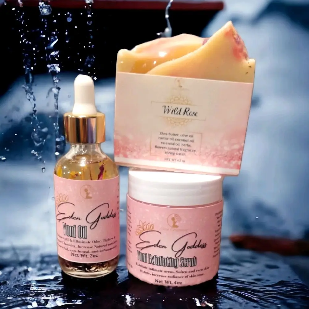 Eden Goddess Yoni Bundle | Tighten | Increase Wetness | Antibacterial Antimicrobial BV Yeast Skin Repair Moisturizer Shea Butter Soap Yoni Oil Strawberry Sugar Scrub Exfoliate Skincare Comfort Hydrating Moisture