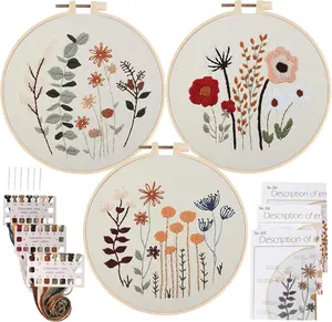 3 Pcs Embroidery Starter Kit for Beginners Stamped Cross Stitch Kits with Cute Flowers and Plants Patterns with 1 Embroidery Hoop and Color Threads for Adults - Home Improvement.