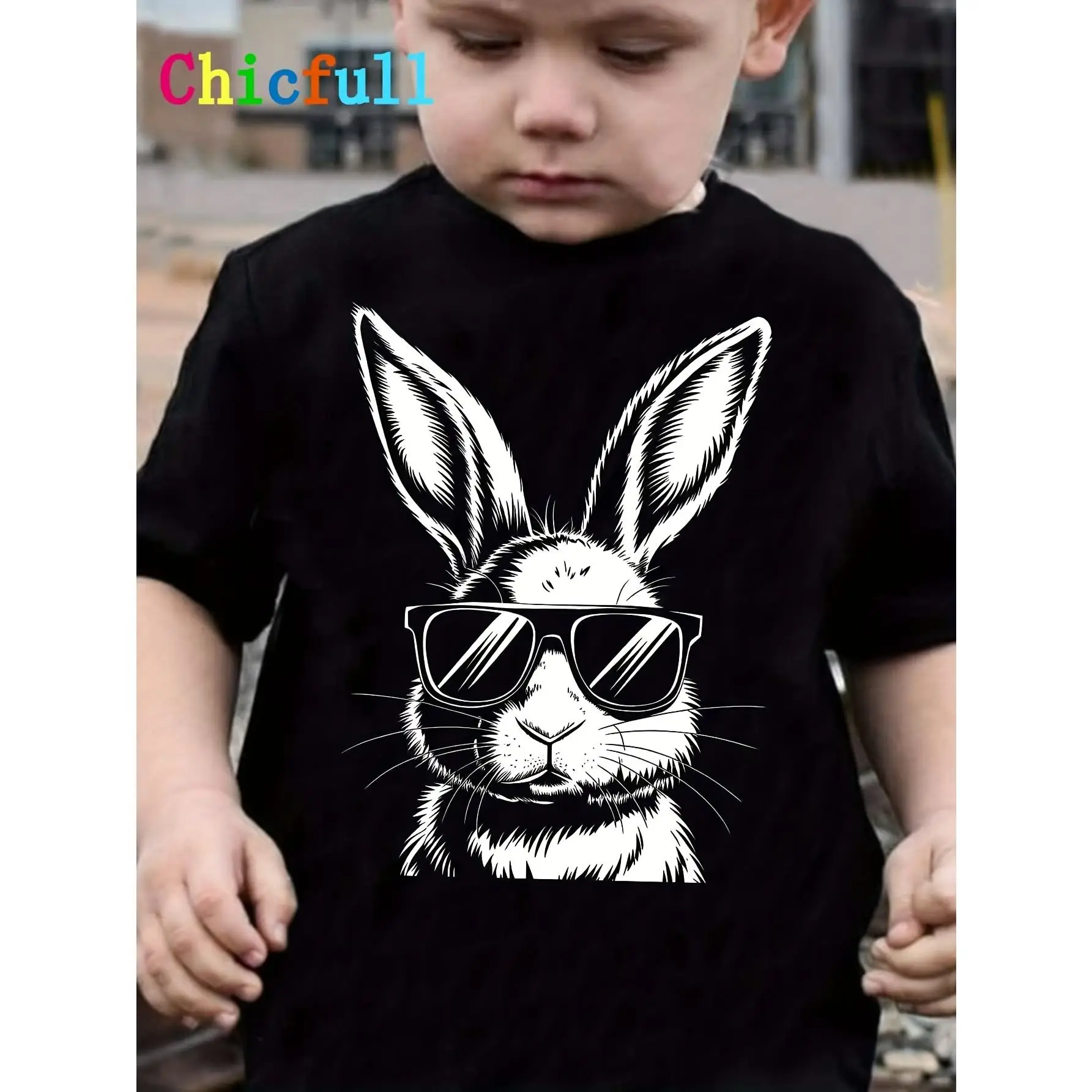 CHICFULL Boys' Easter Bunny Graphic T-Shirt with Fashion Glasses - Cool & Casual Round Neck Tee, Black Short Sleeve, Perfect Spring/Summer Gift for Yo